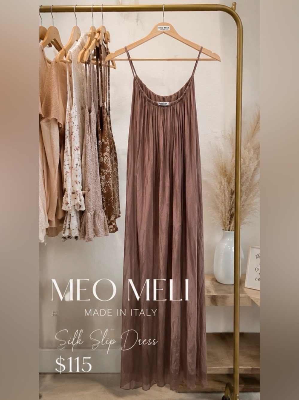 Meo Meli Made in Italy 50% Silk Flowing Maxi Slip Dress Brown NWOT Onesize